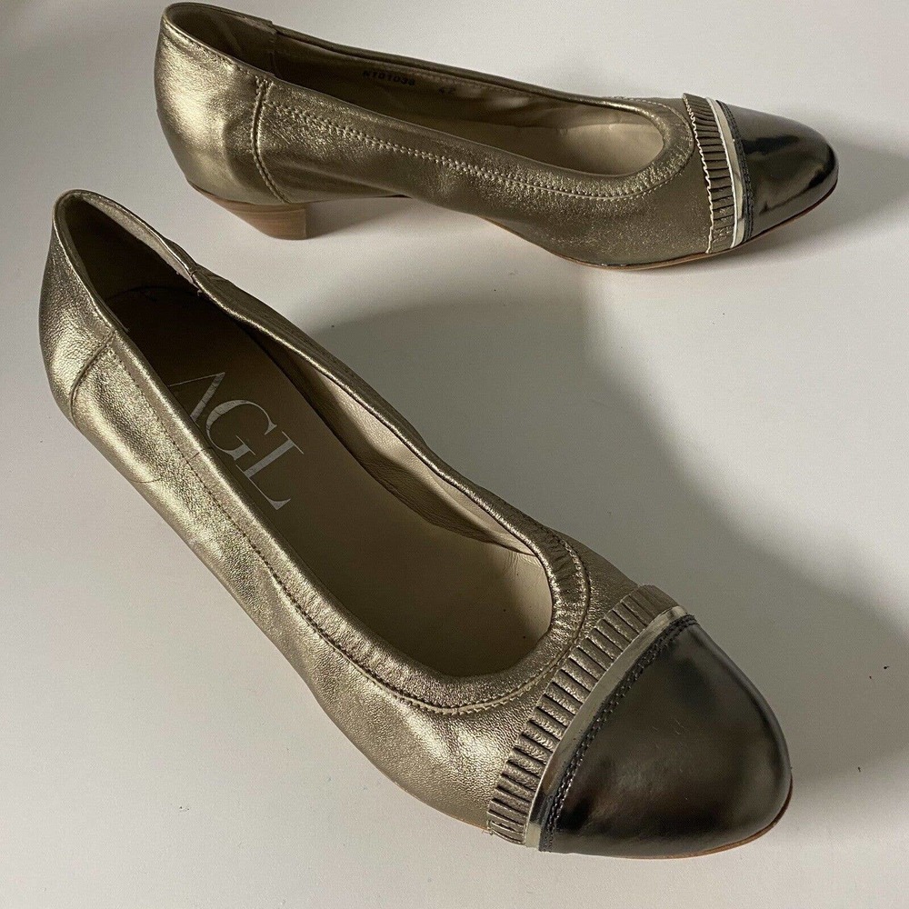 AGL Attilio Giusti Leombruni Pump Ballet Leather Gold Metallic Low Heel … - Picture 8 of 11